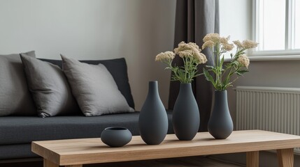 Simple home decorations on a plain coffee table. The table sits in front of a dark couch with pillows. Gray vases and flowers are on a wooden bench in a small, dim room. It's a Scandinavian style.
