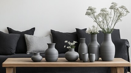 Simple home decorations on a plain coffee table. The table sits in front of a dark couch with pillows. Gray vases and flowers are on a wooden bench in a small, dim room. It's a Scandinavian style.
