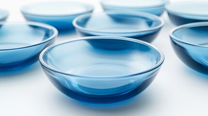 Simple image: Glass dishes and blue liquid-filled tubes on white. Space to show a product or add text.
