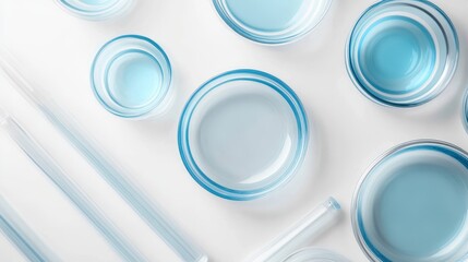 Simple image: Glass dishes and blue liquid-filled tubes on white. Space to show a product or add text.
