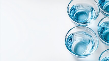 Simple image: Glass dishes and blue liquid-filled tubes on white. Space to show a product or add text.
