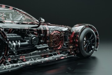 Transparent car body showcasing engine, transmission, and other components, highlighting advanced automotive technology
