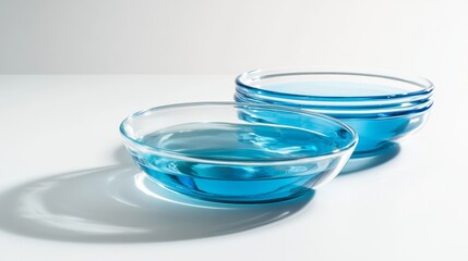 Simple image: Glass dishes and blue liquid-filled tubes on white. Space to show a product or add text.
