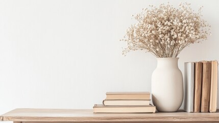 Simple living room scene: Dried flowers in a nice vase on a wooden table with books, all in a white room. Space for your text.
