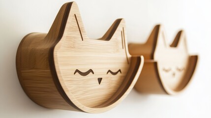 Simple wooden shelves shaped like cats. They have a clean look and attach to a white wall. They include cute cat designs and are safe for pets.
