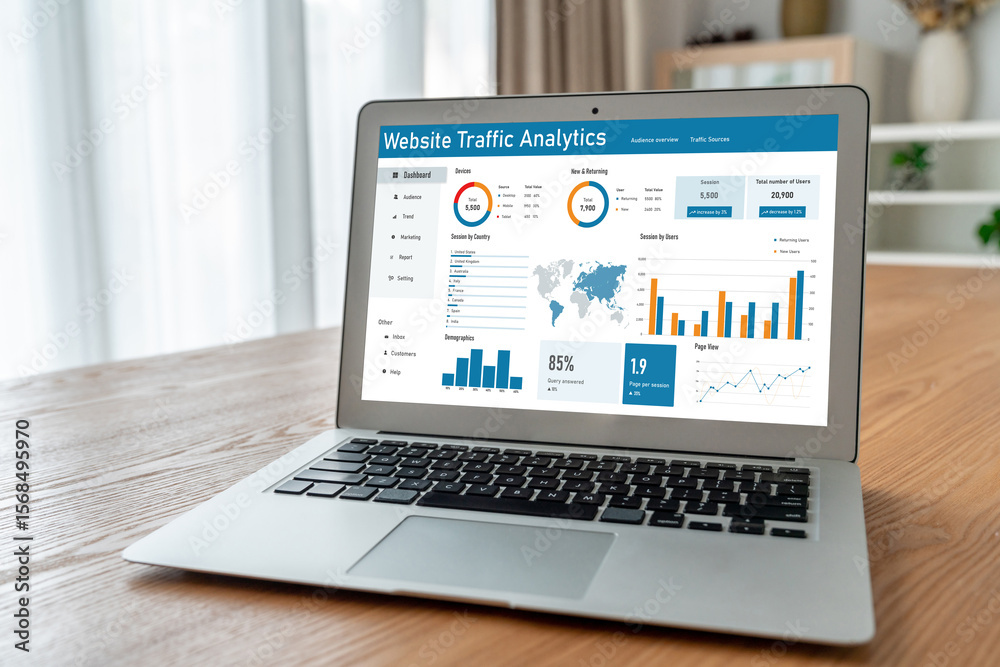 Poster computer software for website traffic analytics data on computer screen. concept of seo search engin