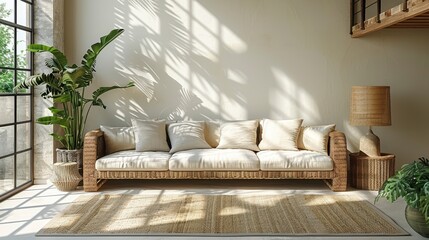 Sunny interior with woven sofa, pillows, plants, rug, and light