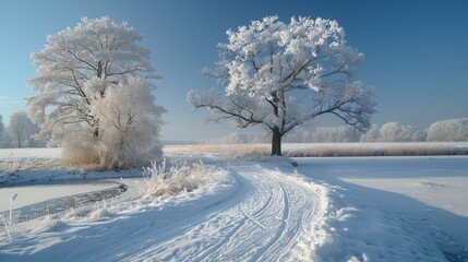 Frozen path curves between frost-covered trees, under a blue sky. Winter landscape with snow