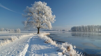 Frosted tree stands in a snow-covered field near icy water on a clear, sunny winter day
