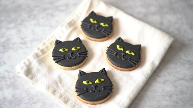 Black cat cookies on napkin, slow zoom-in.