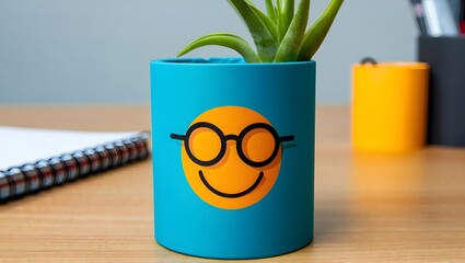 Buy cute blue planter with smiley face and glasses for indoor plants online now cheap
