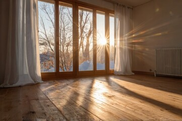 Sunlit room with winter view. Rays stream through large window, casting shadows on the wooden floor.