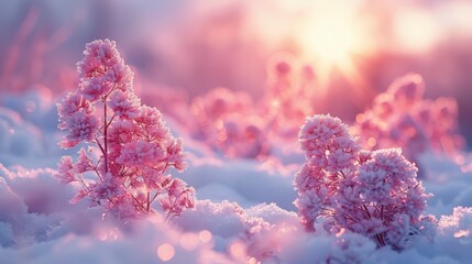 Pink blossoms covered in snow sparkle in sunlight. Soft, dreamy, and peaceful winter scenery