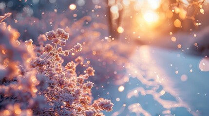 Winter snow-frosted foliage glows with golden sunlight in a peaceful, soft-focus scene