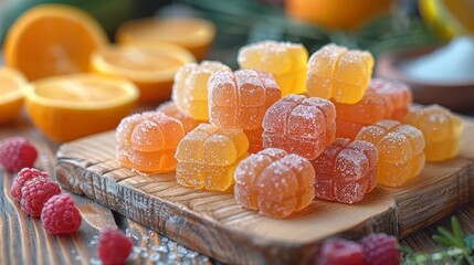 Fruity gummies piled on a wooden board with fresh oranges, berries, & greenery