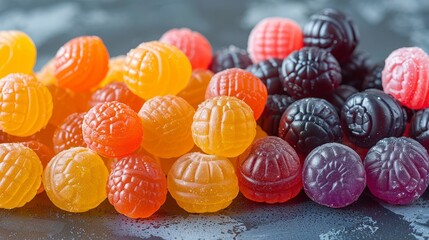 Heap of colorful, textured, translucent round candies, clustered against a dark, textured background