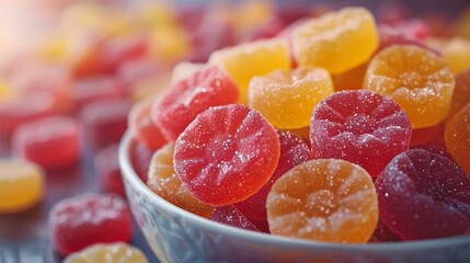 Colorful candies in bowl. Sugary, sweet treats close-up with bright natural light