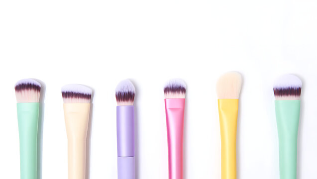Pastel makeup brushes aligned in a row offer a clean, cosmetic beauty tool concept for makeup application and artistic eye shadow blending.
