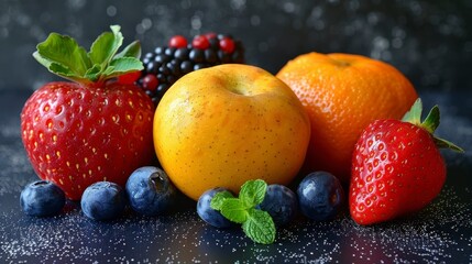 Assorted fruits strawberries, blueberries, blackberries, apple, and orange arranged on a dark surface
