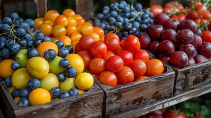 Fresh produce bins overflow with colorful grapes, tomatoes, and small fruits at a market stall