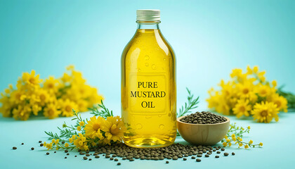 A bottle of pure mustard oil is showcased against a light blue background surrounded by yellow flowers and mustard seeds evoking a sense of natural