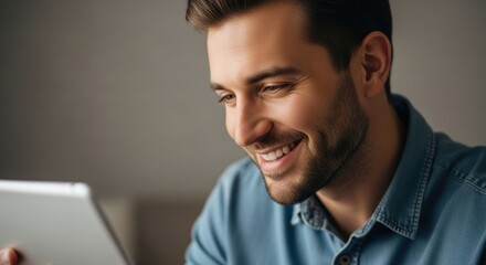 Obraz premium Young caucasian male smiling at tablet in casual setting
