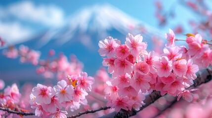 Delicate pink blossoms frame a snowy mountain, bathed in soft sunlight