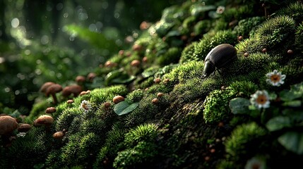  A cluster of fungi resting atop a lush green moss-covered log, adorned with delicate white blossoms