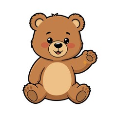 A cute cartoon bear with brown fur sits and waves its paw with a friendly expression on its face.