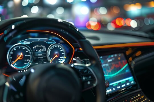 Illuminated dashboard of a modern vehicle displaying speed, navigation, and other vital information, reflecting city lights at night