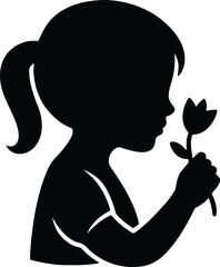 Silhouette young girl holding flower smelling aroma profile view vector illustration