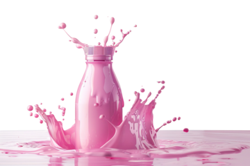 pink Bottle in Milk Splash on a transparent background