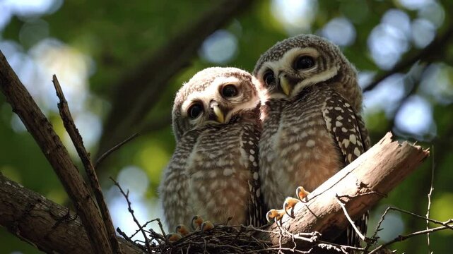 Pair of owl birds,low angle view. Cute spotted owlet parent birds perching in front of the nest calling and looking around