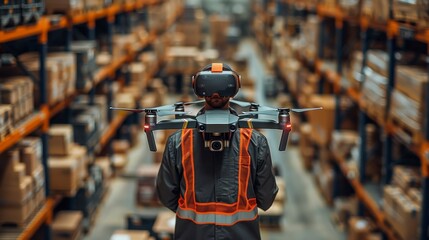 Worker with VR headset and drone in warehouse