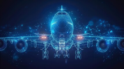 Wireframe airplane, front view, glowing blue lines and dots connecting against a dark blue background