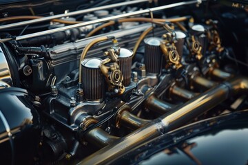 Fototapeta premium Close up of a glistening, polished custom car engine, highlighting its intricate parts and craftsmanship