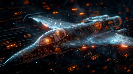 Sleek aircraft overlaid with glowing circuit patterns, hinting at advanced technology
