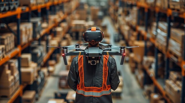 Worker with VR headset and drone in warehouse