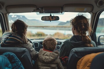Family traveling by car exploring iceland nature, mother, daughter and son on road trip adventure
