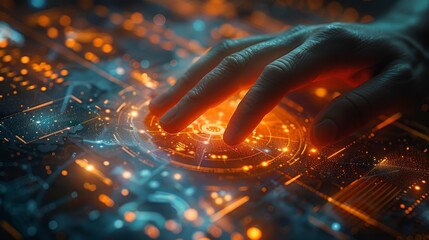 Hand touches glowing, detailed circuit-like pattern, focused on bright, orange center