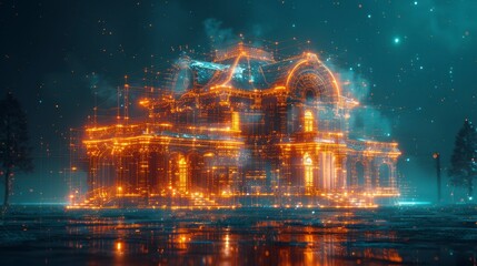 Glowing wireframe house model on reflective surface under a starry night sky