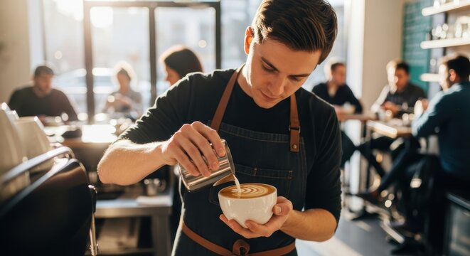 Young caucasian male barista crafting latte art in a busy cafe