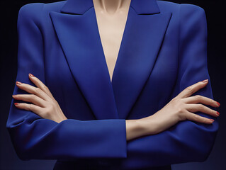 Confident pose in striking blue blazer showcases modern fashion design elements and bold style choices