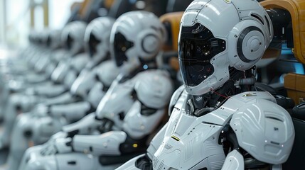 A line of white humanoid robots sits in yellow chairs; high-tech design with dark visors in a bright, blurred space