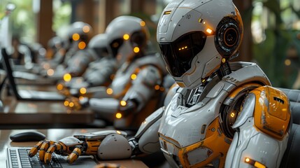Robots at desks in an office, working. Focused. Futuristic, efficient. Automated work force