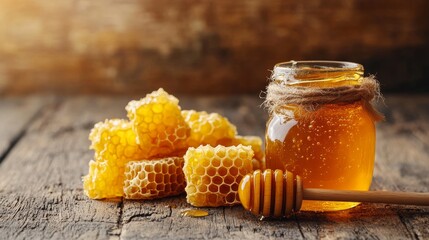 Honey in a glass jar with honey dipper and honeycombs creates a natural food setting