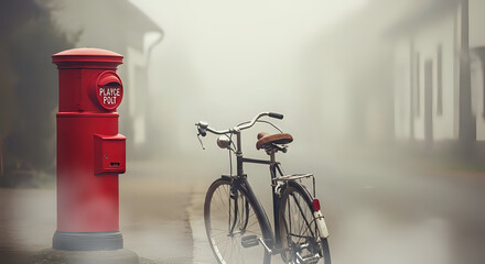 Vintage bicycle and red postbox in foggy street photography for nostalgia and travel blog posts use image