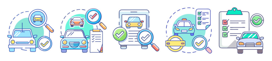 Car Inspection and Approval Process with Checklists and Magnifying Glasses Illustrations
