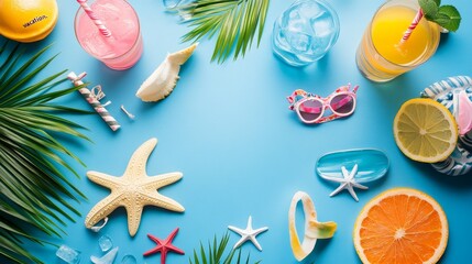 Plan your summer getaway with this colorful flat lay. From refreshing drinks to cool accessories, this banner screams "vacation." 