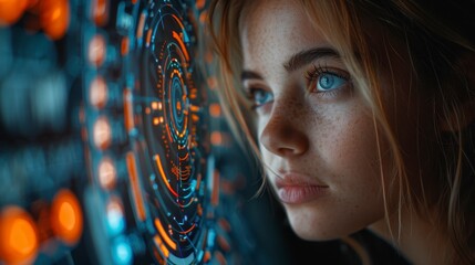 Woman with light hair gazes at a complex, illuminated, digital interface